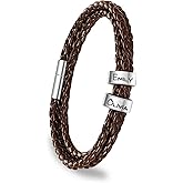 ShineSand Personalized Mens Leather Bracelet with Custom Beads, Customized Braid Leather Bracelet Engraved with Names for Men