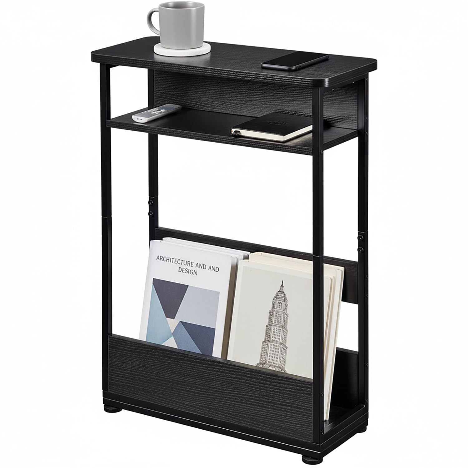 YEAKOO Narrow Side Table with Storage Shelf, 3 Tier Slim End Table for Small Spaces, Narrow Bedside Table, Small Nightstand with Magazine Rack 46x18x62.5cm