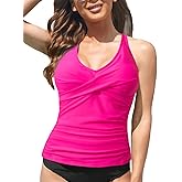 Fanuerg Tankini Top Only Twist Front Bathing Suit Tops for Women Tummy Control Tank Tops V Neck Swimsuit Top No Bottom