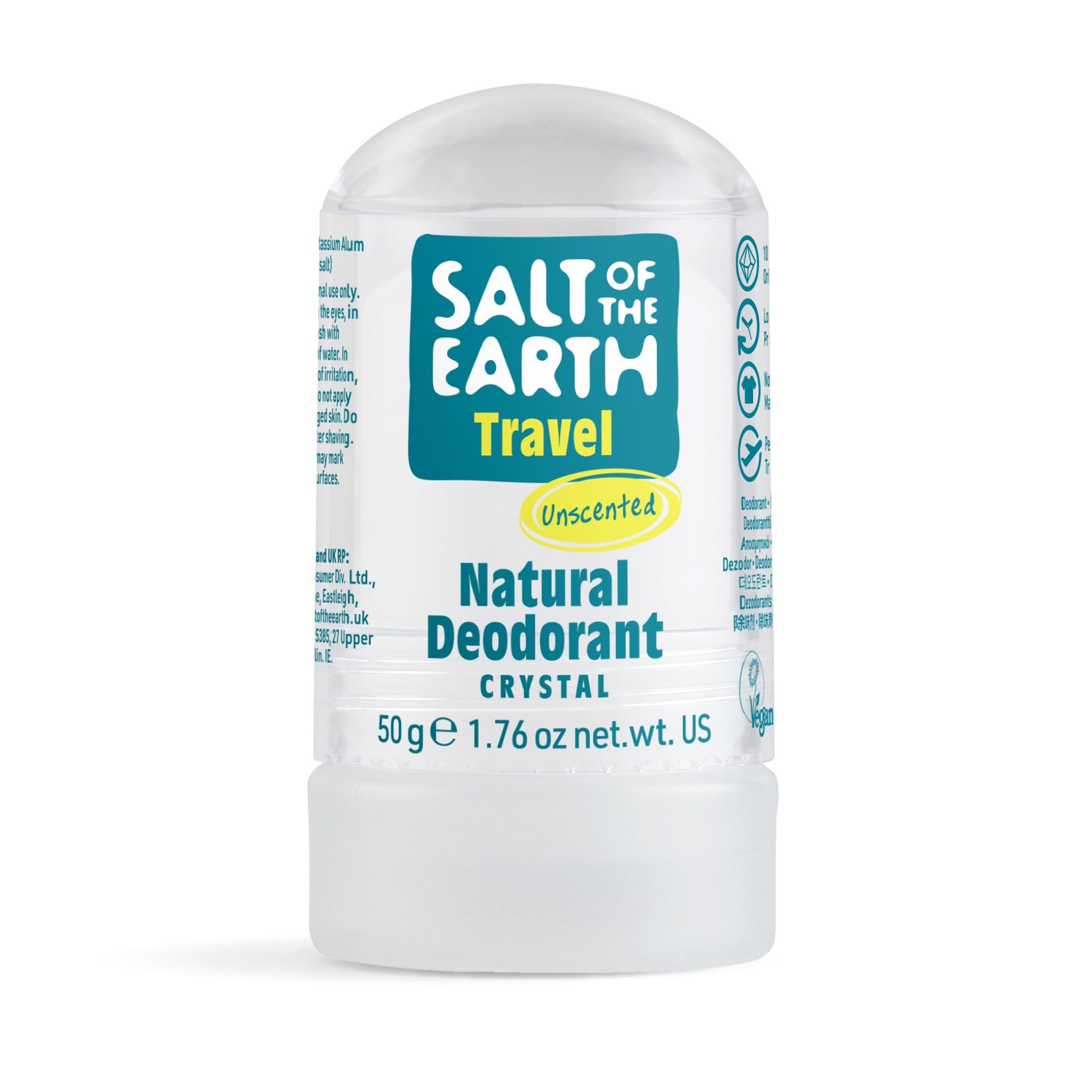 Salt of the Earth - Travel Sized Natural Deodorant Crystal - Fragrance Free, Vegan, Long Lasting Protection, Approved by Cruelty Free International - Unscented - 50g