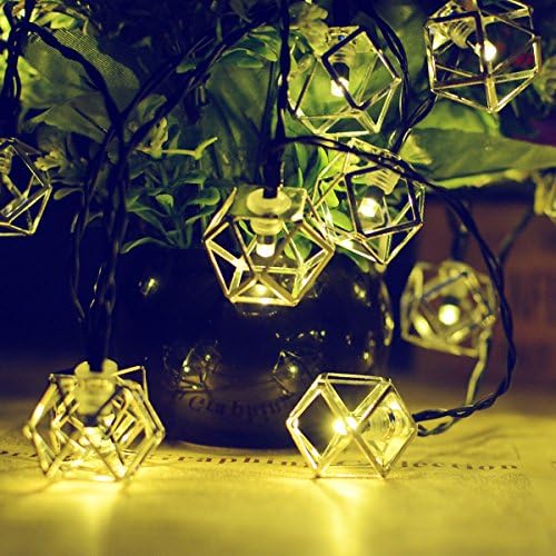 MUEQU LED String Lights Outdoor, 20ft 30 LED Geometric Metal Solar String Lights,Polyhedral Hollow Decoration Lights for Christmas Garden Lawn Patio Trees Weddings Parties (Polyhedral)