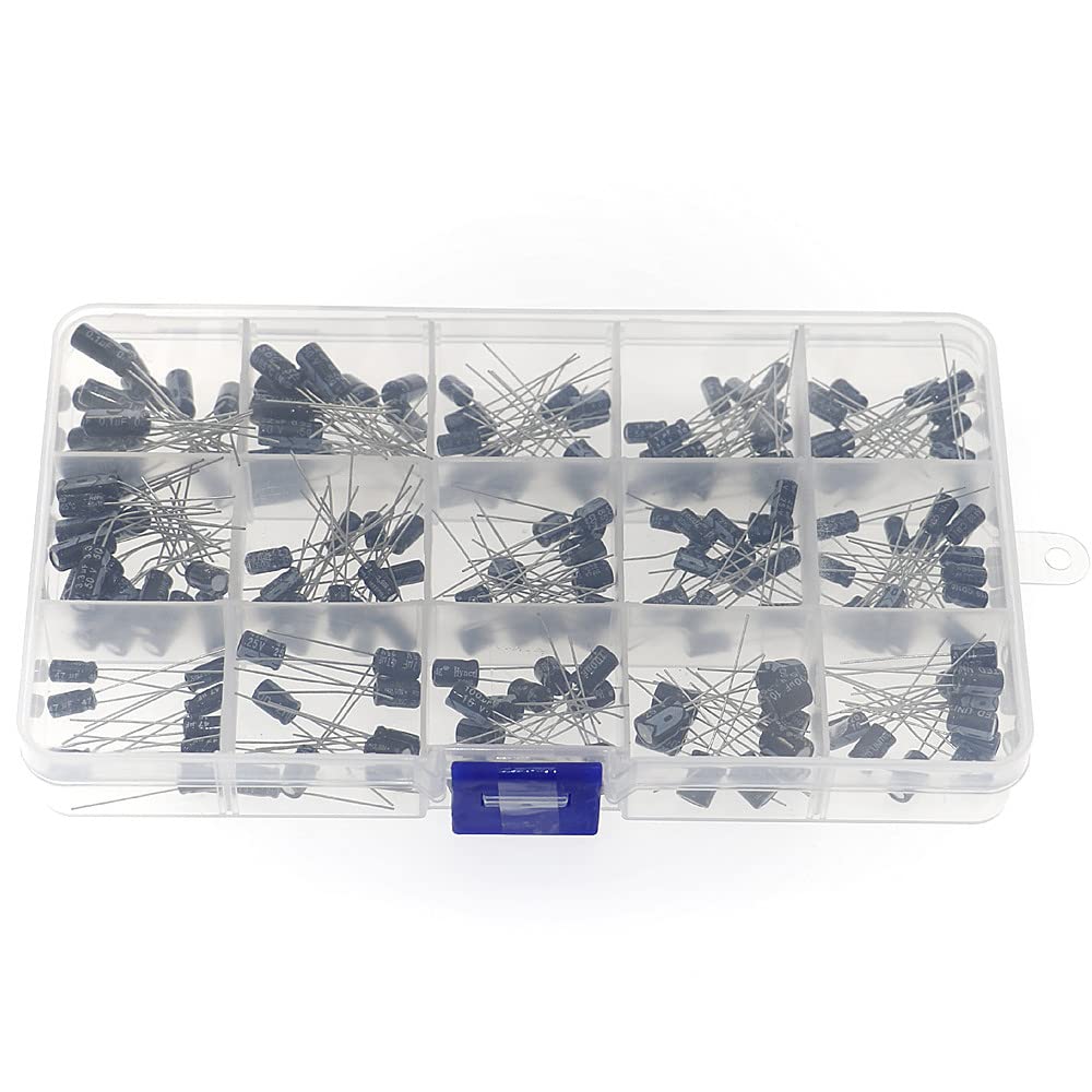 DollaTek 200PCS 15 Values 10V,16V,25V,50V Electrolytic Capacitors Assortment Box Range 0.1uF to 220uF