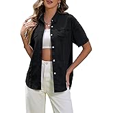 Hersuitful Women's Denim Shirt Casual Short Sleeve Button Down Chambray Blouse Summer Jean Shirt Tops