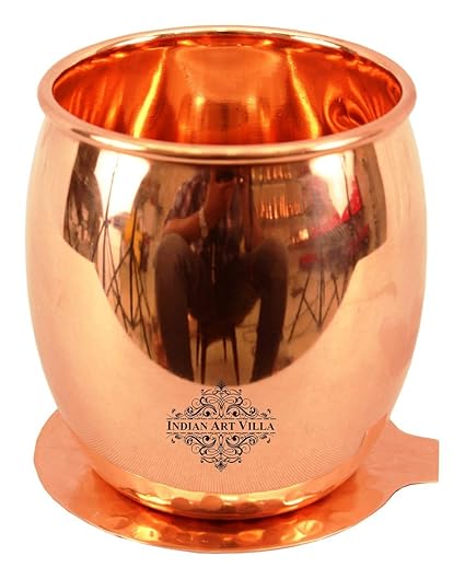 Indian Art Villa Copper Glass Tumbler with Coaster,Drinkware, Good Health Benefits, 590 ML, 2 Pcs