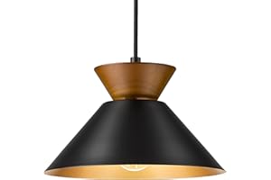 ELYONA Modern Pendant Light Kitchen Island, 10" Solid Wood Hanging Lamp with Matte Black Metal Shade & Gold Inner Finish, Farmhouse Pendant Light Fixtures for Dining Room Bedroom Living Room Hallway