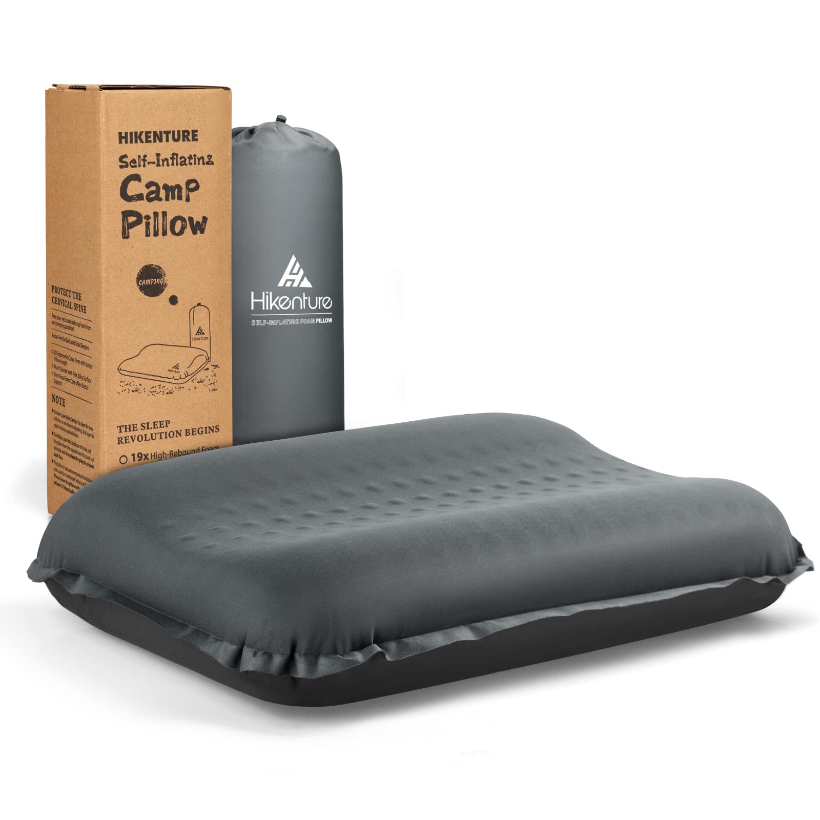 HIKENTURE Self Inflating Camping Pillow, Soft Foam Inflatable Ergonomic 3D Support Blow Up Portable Compressible Travel Pillow Camping, Hiking, Sleeping, Grey 18.1'' x 11.8''