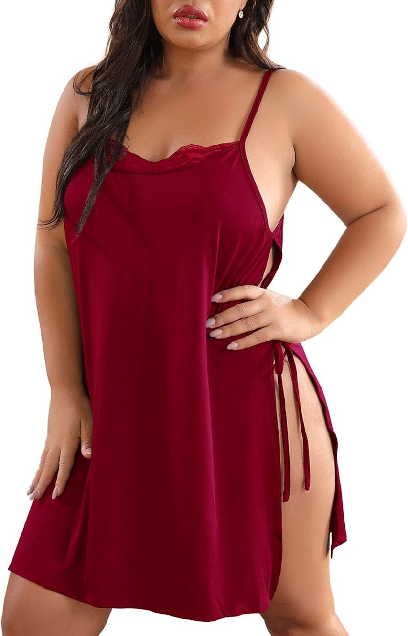 XAKALAKA Women Plus Size Lace Babydoll Lingerie Side Slit Strappy Chemise Sleepwear at  Women’s Clothing store