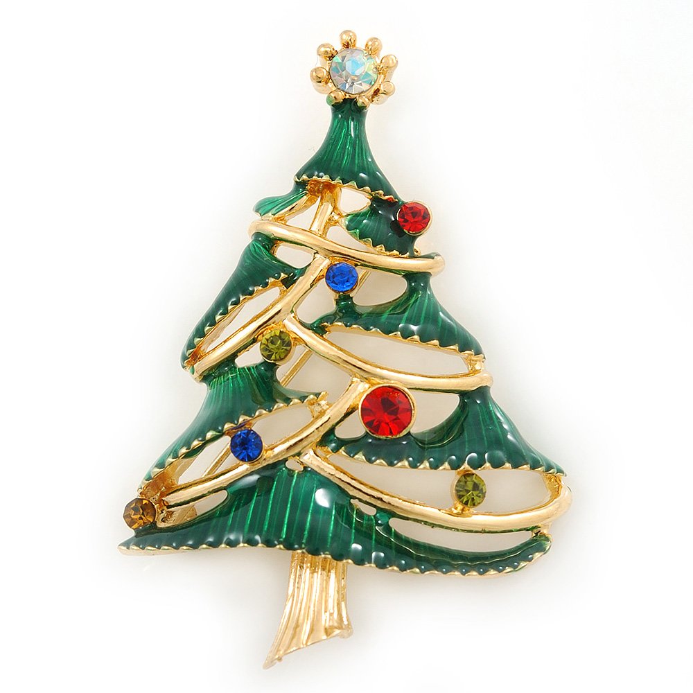 Multicoloured Austrian Crystals Green Enamel Christmas Tree Brooch In Gold Plating - 55mm Length