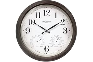 FOUNTAIN DESIGNS 18 Inch Large Outdoor Clocks for Patio Large Waterproof with Thermometer,Outdoor Clock Thermometer Combo,Weatherproof for Patio,Pool and Garden Decor,Grey Oak