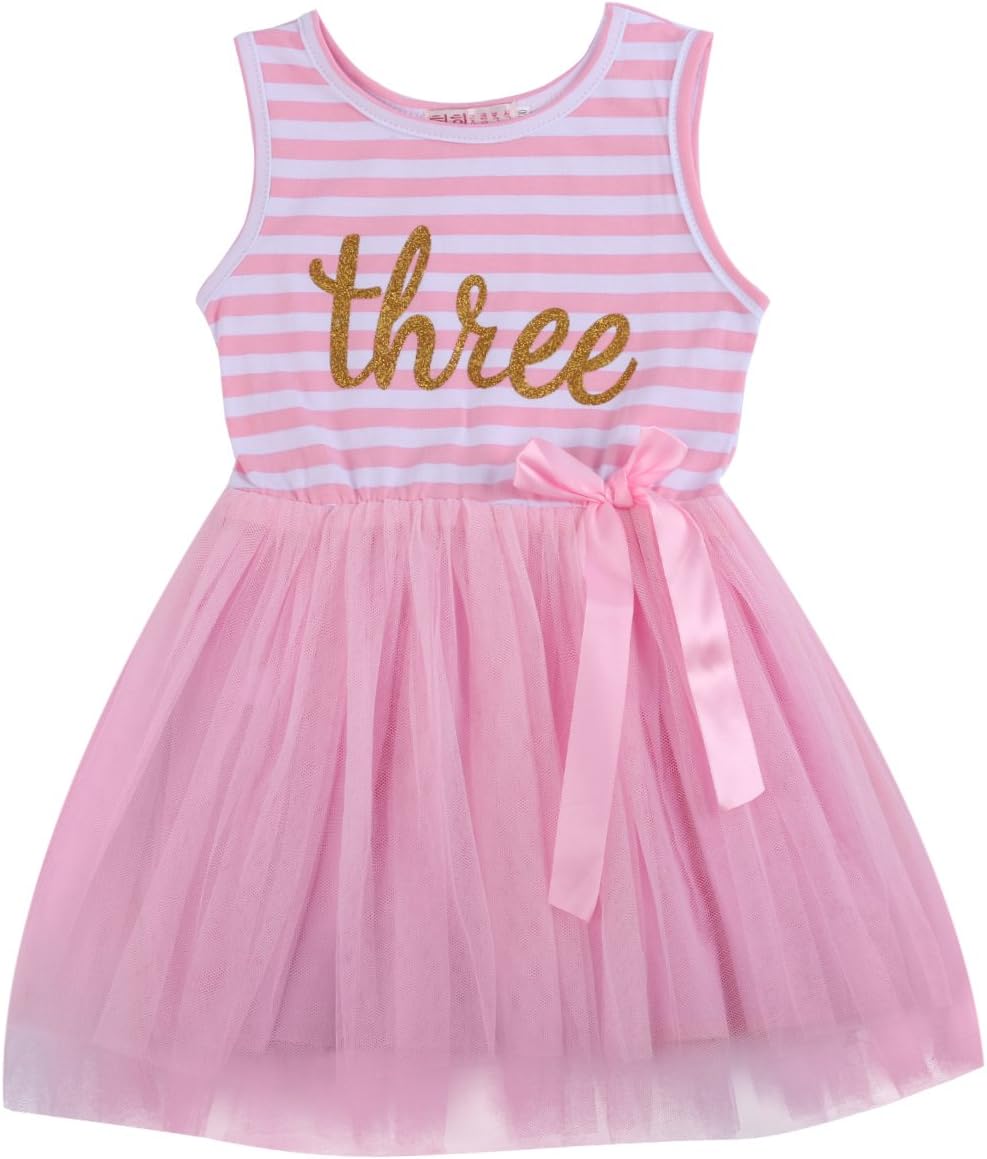 FYMNSIInfant Baby Girls Toddler Kids 1st / 2nd / 3rd Birthday Cake Smash Dress Princess Sleeveless Gold Glitter Crown Shiny Printed Striped Tulle Tutu Summer Dress with Bow Party Skirt Outfit Clothes
