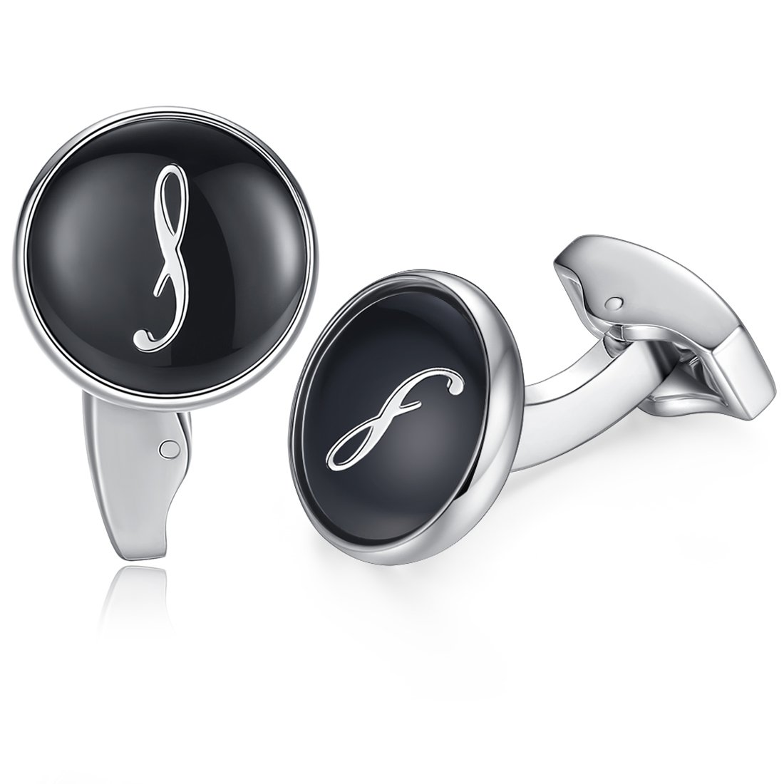 HONEY BEAR Initial Alphabet Letter Cufflinks for Men, Black Round Shape Wedding Business Gift A - Z (S)