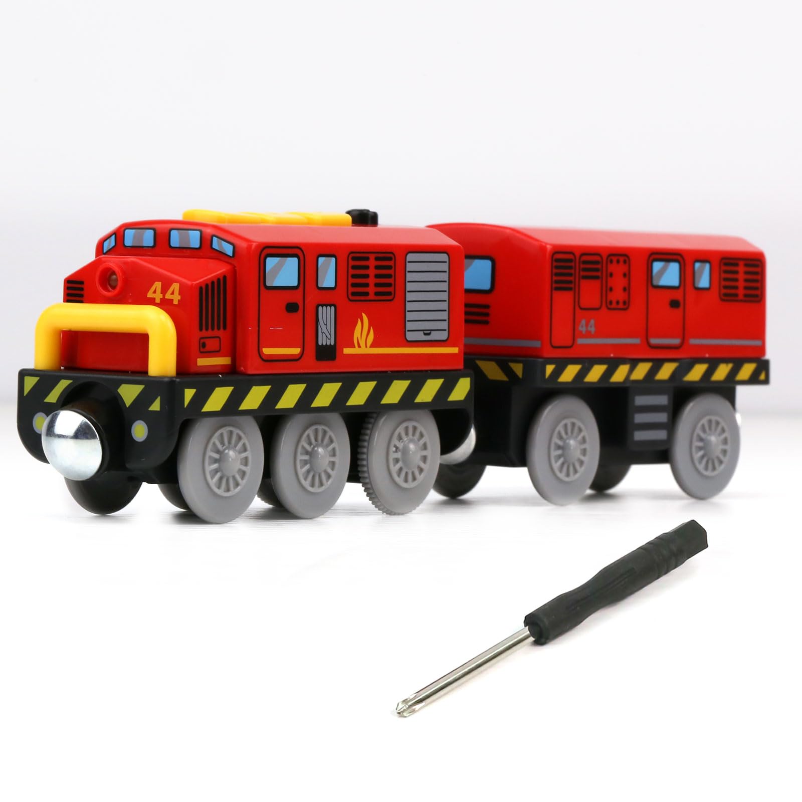 EVERGD Locomotive Battery Powered Traction Toy Train Set with Sound and Lighting Magnetic motorized toy train Set Wooden Railway Set Add on Accessories (Red)