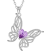 Filigree Butterfly Birthstone Pendant Necklace - 925 Sterling Silver Firework-Cut Heart Cubic Zirconia Twine Butterfly Necklace Anniversary Birthday Jewelry Gift for Women Wife Mom Daughter