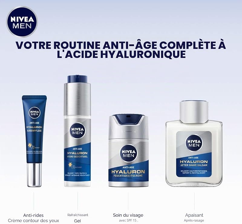 MEN Gel hydratant anti-âge à l'acide hyaluronique pour le visage (50 ml) - Réduit même les rides profondes - Soin du visage à absorption rapide avec de l'acide hyaluronique