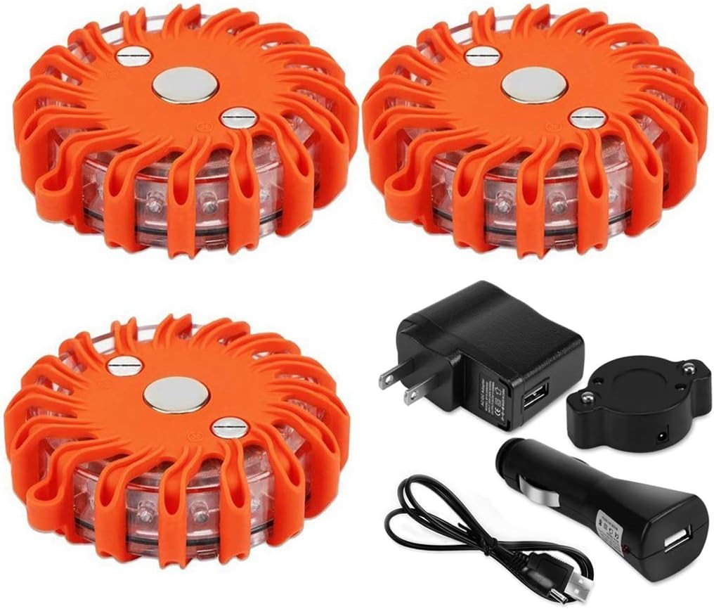 Emergency Lights for Vehicles, UNKNOK 3 Pack Rechargeable Road Flares Roadside Emergency First Aid kit Led Warning Lights Car Safety SOS Flashing Beacons with Magnetic Base for Car Boat Truck