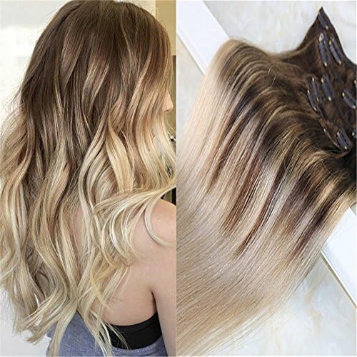 HairDancing 7Pcs 120Gram Per Package Ombre Balayage Remy Clip-in Hair Extensions Best Hair Clip On Extensions Human Hair Colour Chocolates #4 Brown Fading to #18 Ash Blonde (14", 4/18)