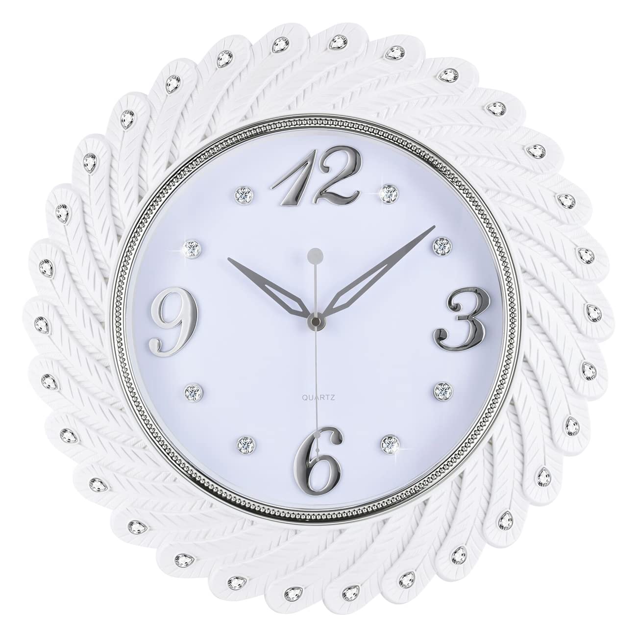 Topkey Round Wall Clock 17" Large Silent Mute White Peacock Feather Diamond Like Room Decorative Wall Clock for Bedroom,Office, Living room,School and Kindergarten - 43CM