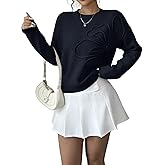 Verdusa Women's Fall 3D Flower Appliques Crewneck Sweaters Long Sleeve Drop Shoulder Pullovers Elegant Knit Tops Dark Blue Small