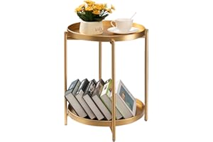 TeoKJ 2 Tier Gold Side Table, Folding Round Metal End Table Small Nightstand with Two Removable Tray for Bedroom Living Room Small Spaces Bedside Gold
