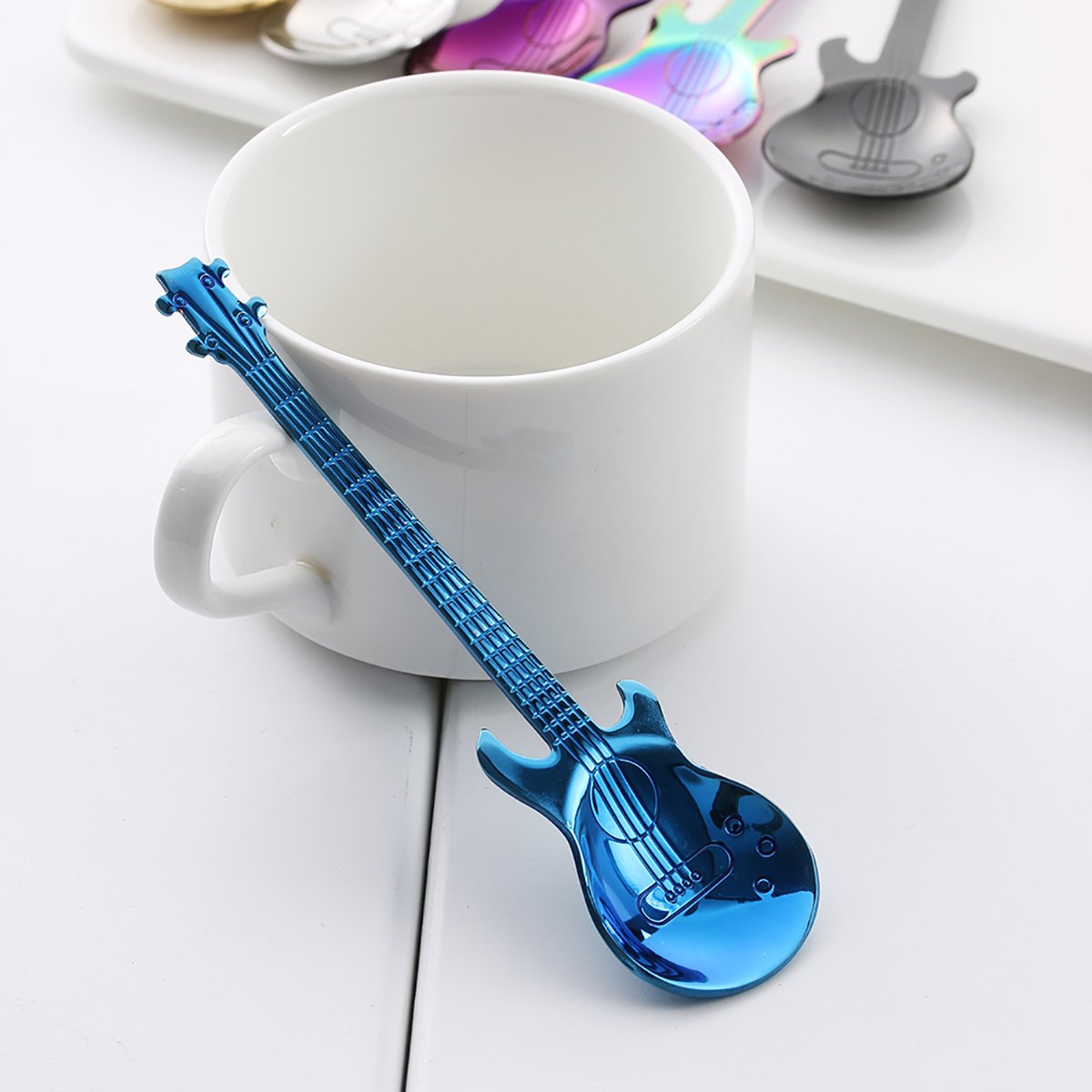 LONGLISHENG 7 Piece Demitasse Spoons Mini Dessert Spoon 4.5 Inch Stainless Steel Colorful Guitar Tea Spoon Cute Kitchen Utensil for Coffee