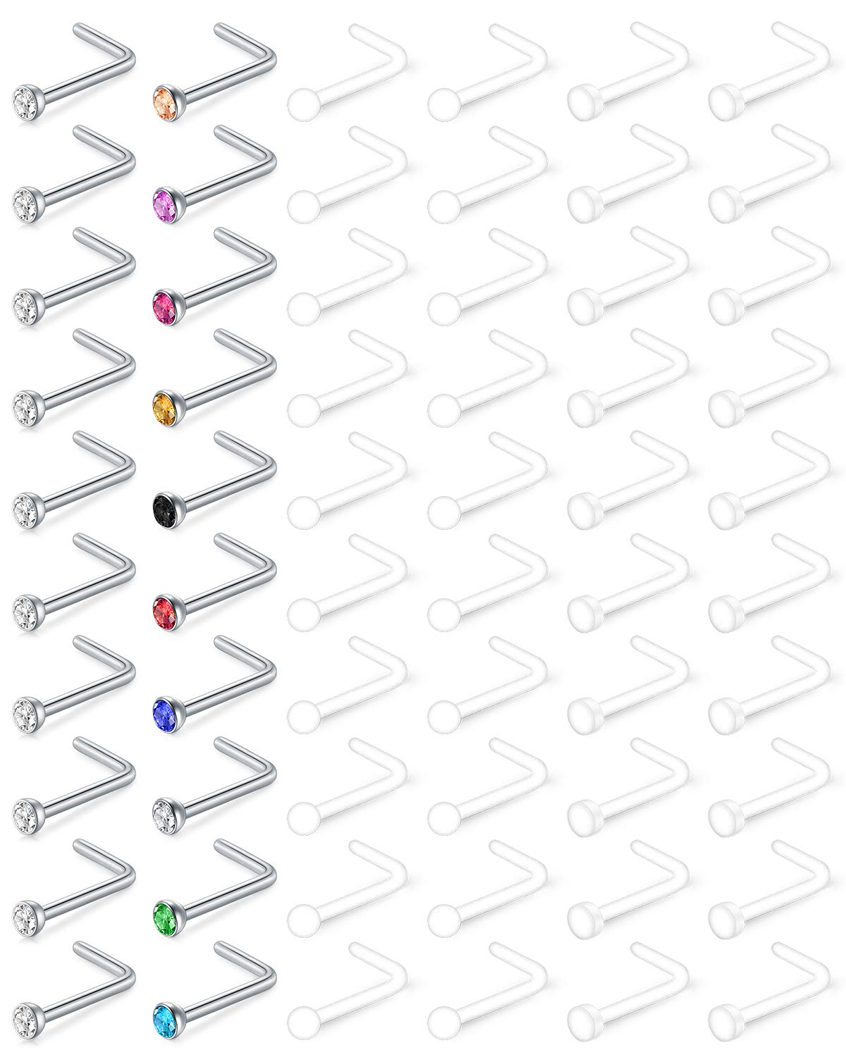 Mayhoop 60pcs Bioflex Retainer 20G L Shaped Nose Studs in Clear Acrylic & Stainless Steel - Body Jewelry for Men & Women