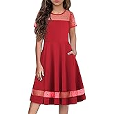 Arshiner Tween Girls Dress Formal Contrast Mesh Short Sleeve A Line Party Dresses with Pockets for 5-12 Years