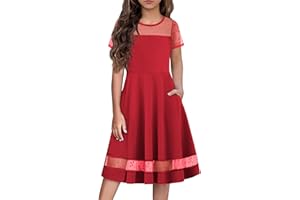 Arshiner Tween Girls Dress Formal Contrast Mesh Short Sleeve A Line Party Dresses with Pockets for 5-12 Years