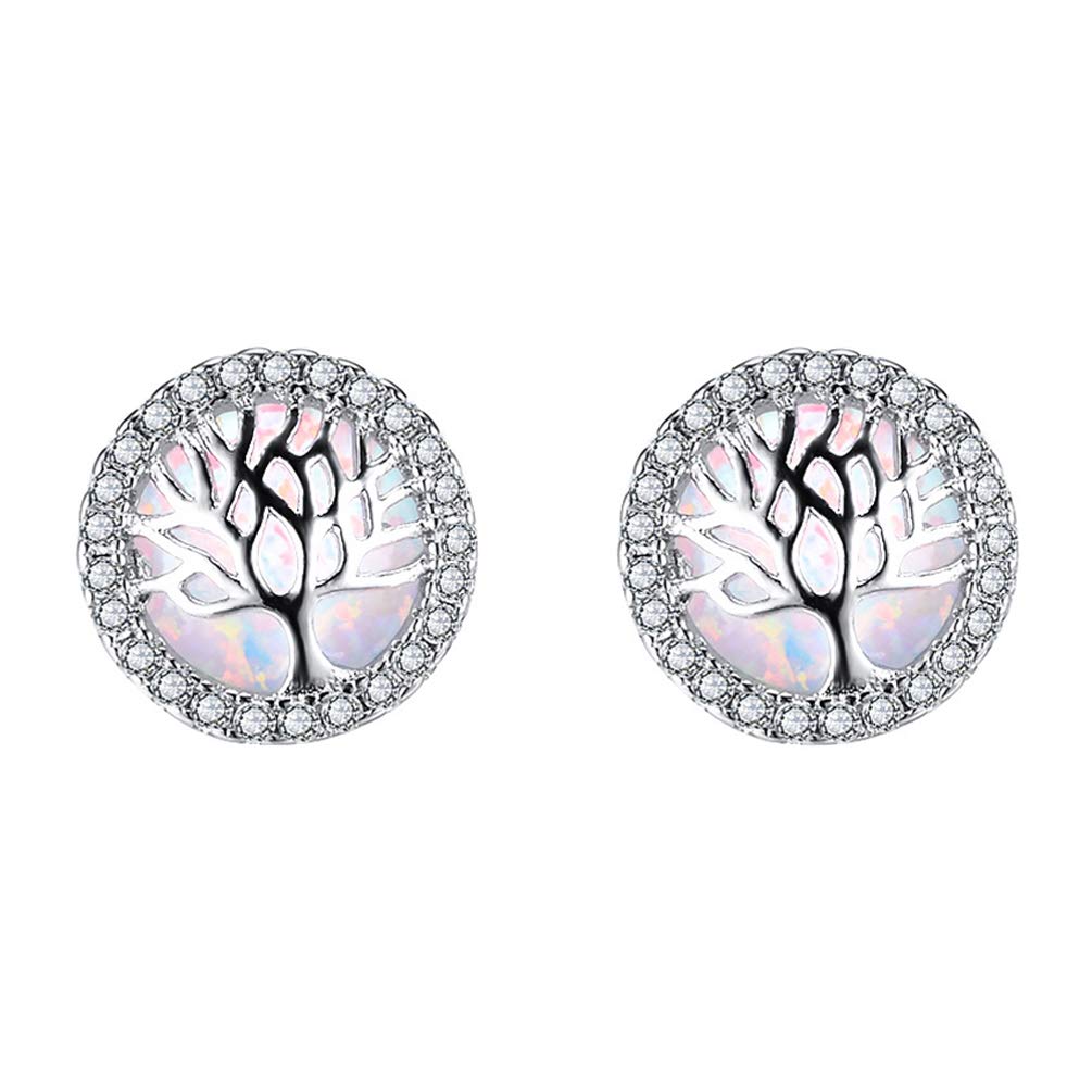 HIJONES Women's 925 Sterling Silver Round Cubic Zirconia Opal Tree of Life Stud Earrings White Hypoallergenic