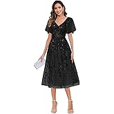 MCOLLNAS Tea Length Mother of The Bride Dresses for Women Sequin Tulle A Line Formal Gown with Sleeves