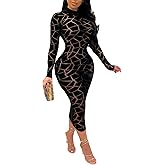 Uni Clau Women Sexy Sheer Mesh Boydcon Midi Dress See Through Printed Long Sleeve Midi Skinny Clubwear Party Dress