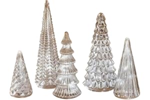 Set of 5 LED Lighted Christmas Trees, Battery-Operated Trees with Crackled Silver Mercury Glass Look, Warm Glow Centerpiece f