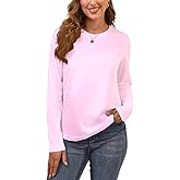 Cotton Basic T Shirts for Women,Crew Neck Long Sleeve Summer Shirts,Solid Loose Fit Tshirt, Plain Workout Tops, Undershirts