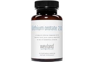 WEYLAND BRAIN NUTRITION Lithium Orotate 20mg (1 Bottle), 60 Vegetarian Capsules, Lithium Supplement Supports Healthy Mood, Behavior, Memory and Wellness