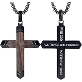 GTMJ Cross Necklace for Men -Stainless Steel & Wood Adjustable Box Chain 24-26in, Spiritual Jewelry Gift for Him, Everyday Wear