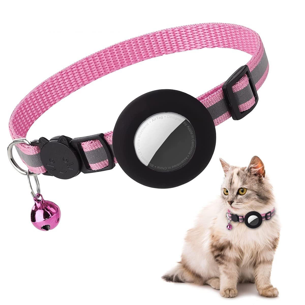 Airtag Cat Collar, Air tag Cat Collar with Bell and Safety Buckle in 3/8" Width, Reflective Collar with Waterproof Airtag Holder Compatible with Apple Airtag for Cat Dog Kitten Puppy (Pink)