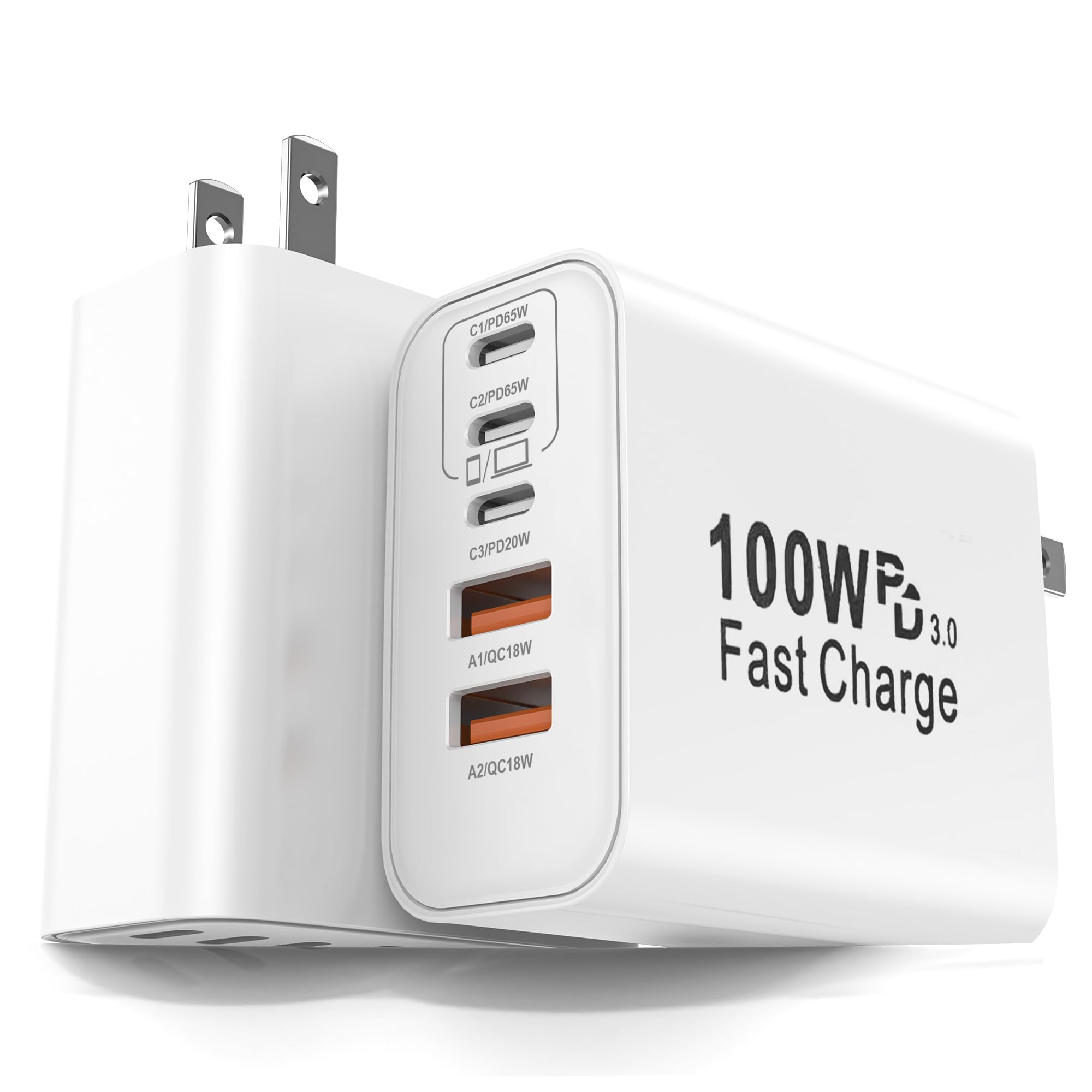 FEEL2NICE 2-Pack 100W USB C Charger Block,5-Port Fast Wall Charger [3 PD USB-C & 2 QC 3.0 USB-A], Compact Adapter for MacBook Pro, iPad, iPhone 17/16/15 Pro Max, Galaxy S26/S25 Ultra, Laptop Image