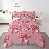 jejeloiu Girls Pink Bow Bedding Set for Boys Girls, Cute Bowknot Comforter Set Twin Size Initial Letter S Duvet Quilt Monogrammed Bedroom Decor Kawaii Coquette Bows 2 Pcs with 1 Pillow Cases