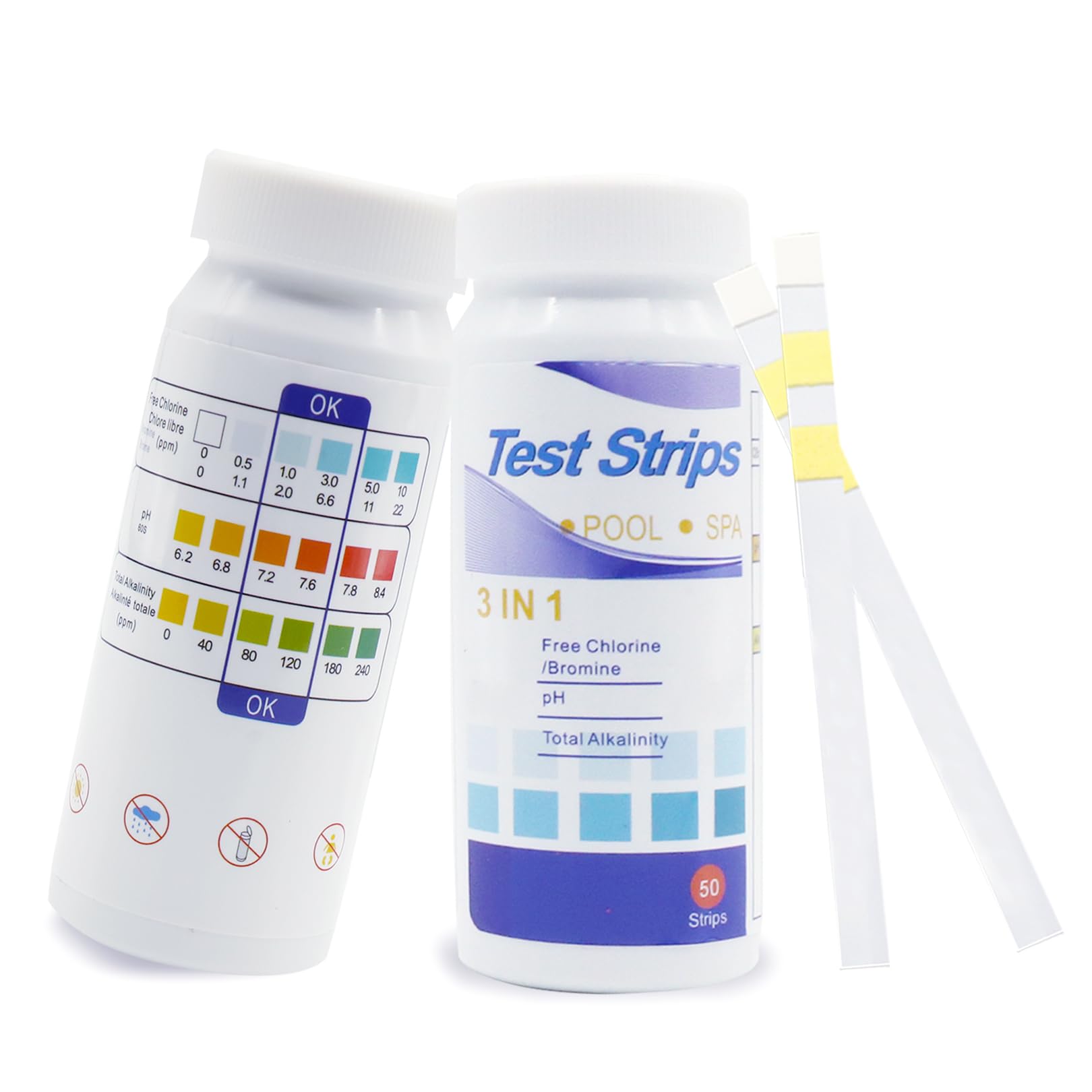 CODKU Hot Tub Test Strips, 50 Strips Pool and Spa Test Strips Measures Chlorine, PH, Total Alkalinity and Bromine, 3 in 1 Pool Water Testing Kit