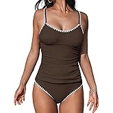 CUPSHE Women's Tankini Sets Two Piece Swimsuit Scoop Neck Tummy Control Adjustable Straps Shell Stitched