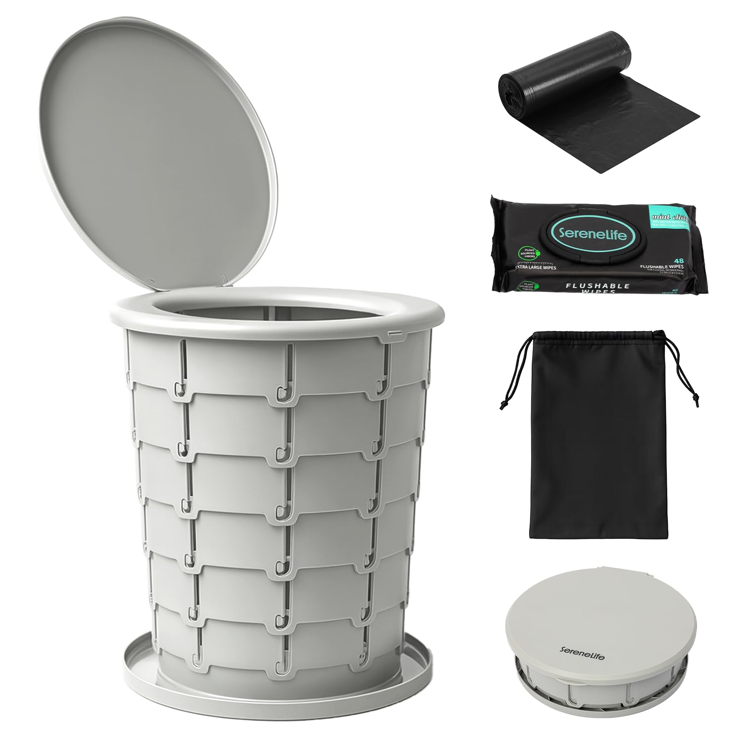 SereneLife Foldable Toilet Seat for Camping, Adjustable Height Portable Travel Potty with Lid, Carry Bag, Non-Slip Base, 331 lbs Capacity + 3-Pack Flushable Wipes, for Car, Hiking, Outdoor Use, Gray Image