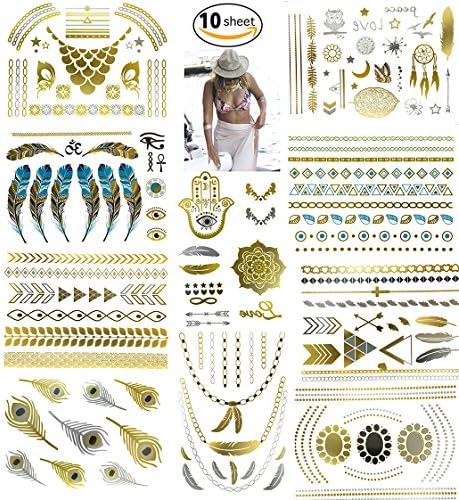 10 Premium Sheets, Metallic Temporary Tattoos, Waterproof Non-Toxic 200+ Designs Body Art