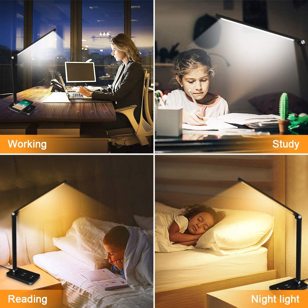 LED Desk Lamp, Desk lamp with Wireless Charger, USB Charging Port, Eye-Caring Desk Lamps for Home Office, 5 Lighting Modes and 3 Brightness Levels, Touch Table Lamp for Study, Work, Reading Light - - 