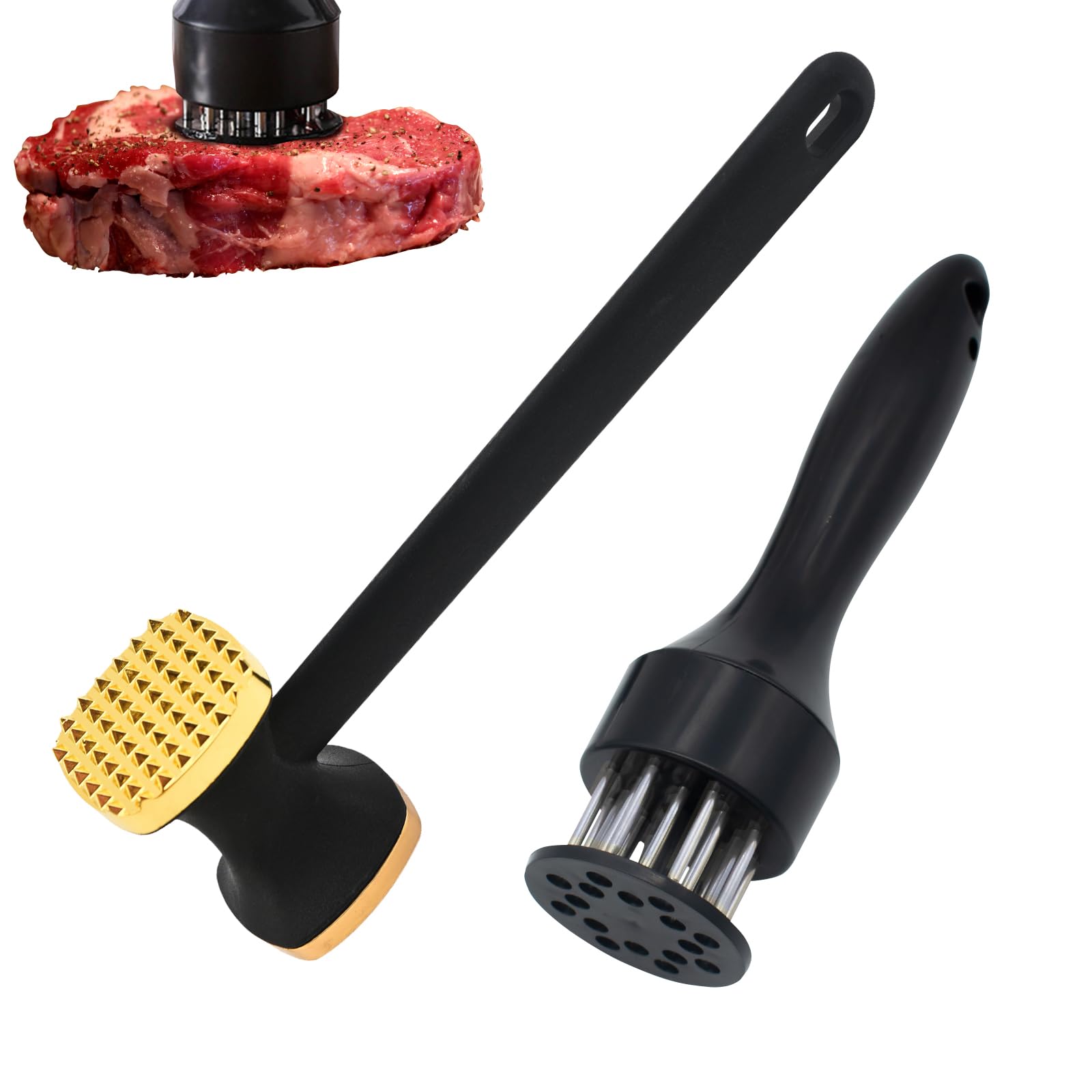 XIACIBDUS Meat tenderizer, 2PCS Meat tenderizer Needle Tool and Meat Mallet, Heavy Duty Grip Handle Meat Pounder Hammer for Beef, Chicken, Fish, Chicken Breasts, Steaks, Pork, Kitchen Cooking