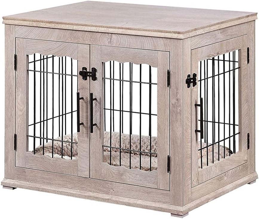 beeNbarks Pet Crate End Table, Double Doors Wooden Wire Dog Kennel with Pet Bed, Medium and Large Furniture Style Dog Crate, Decorative Dog House Cage Indoor Use, Chew-Proof