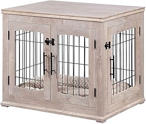 beeNbarks Pet Crate End Table, Double Doors Wooden Wire Dog Kennel with Pet Bed, Medium and Large Furniture Style Dog Crate, Decorative Dog House Cage Indoor Use, Chew-Proof