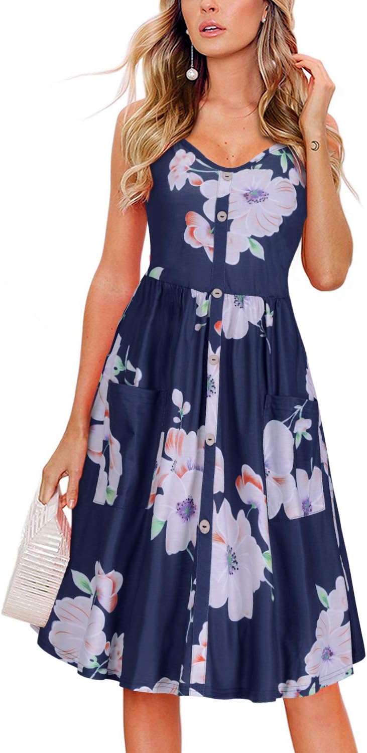 KILIG Women's Summer Floral Dress Spaghetti Strap Button Down Sundress with Pockets