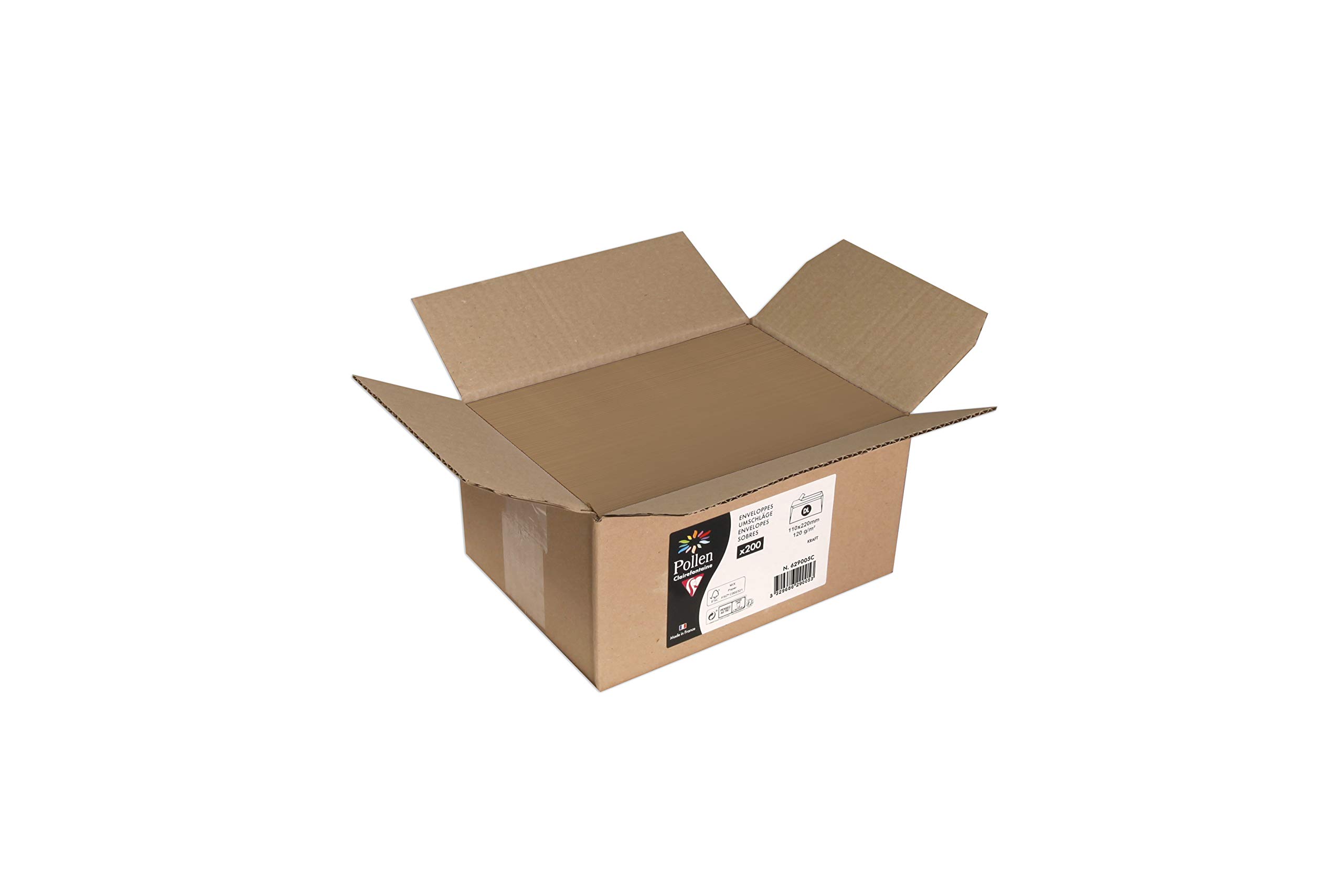 Clairefontaine 629005C Box of 200 Self-Adhesive Envelopes Format DL (11x22cm) 120g/m² Kraft Invitation Events Correspondence Pollen Range Smooth Premium Paper