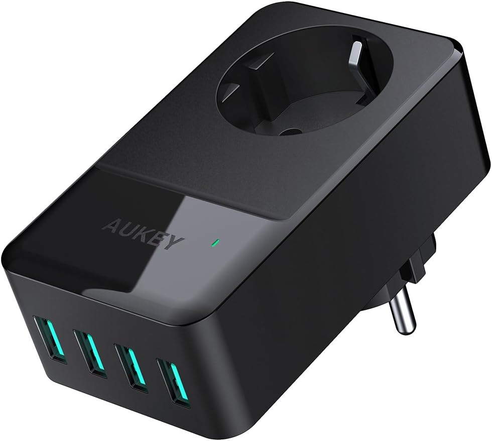 AUKEY Cargador USB un Enchufe con 4 USB Puertos (5V/2,4A * 4) para Smartphone, Portátiles, Lámpara de Escritorio etc.