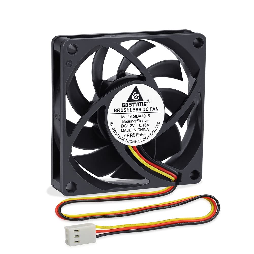 GDSTIME 70mm 12v fan 3-Pin 2500 RPM 7015 PC CPU Cooling Fan for Computer Router Inverter Cabinet Cooling or Ventilation Exhaust