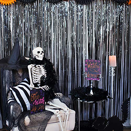 image for Hokic 2 Pack Black Foil Fringe Curtains Large Metallic Foil Photo Back